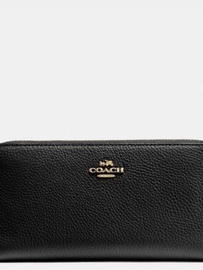 Coach Black Pebbled Leather Zip-Around Wallet with Gold Logo